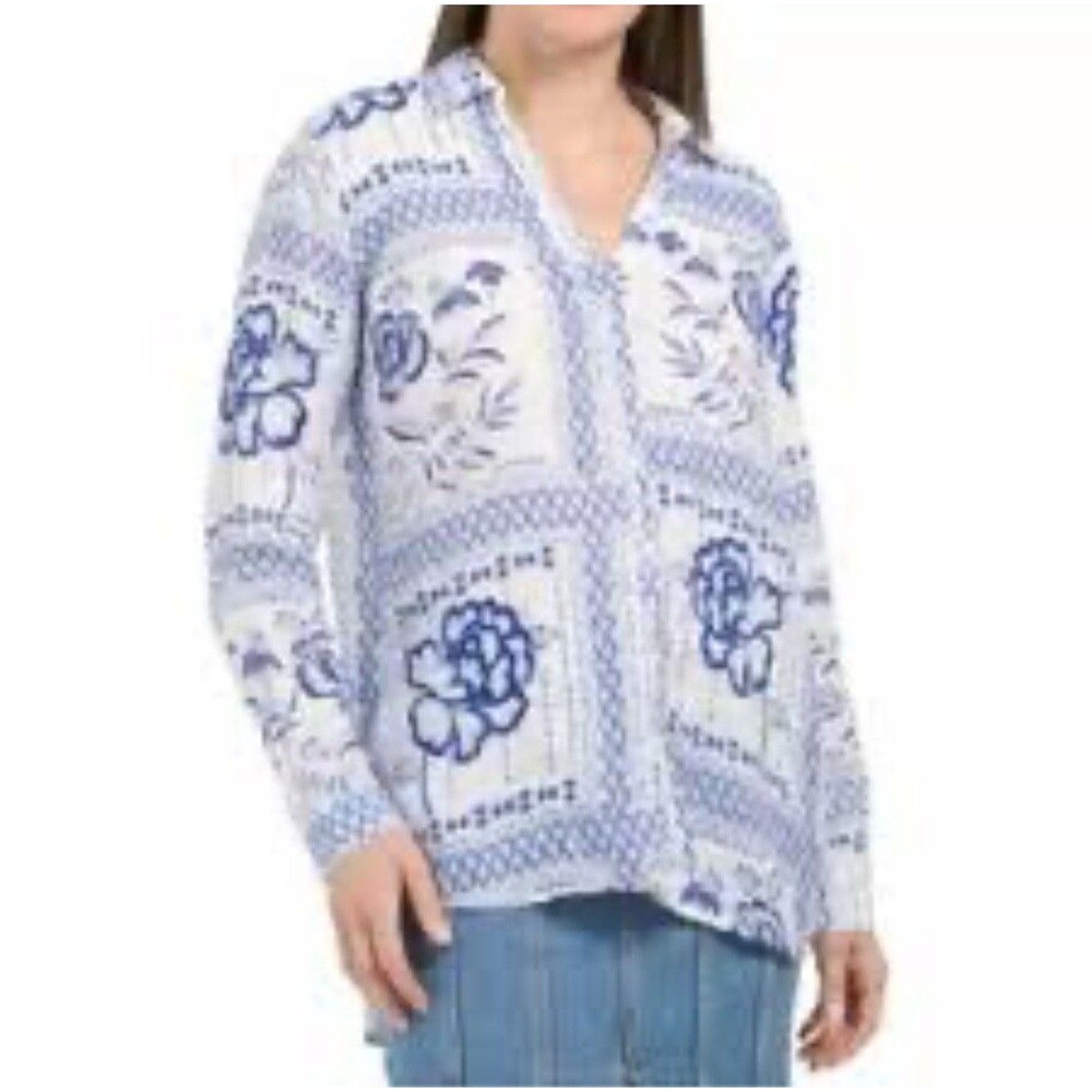 Halston Shirt Womens Size L Blue Floral Botanical Beach Summer Linen Button Up